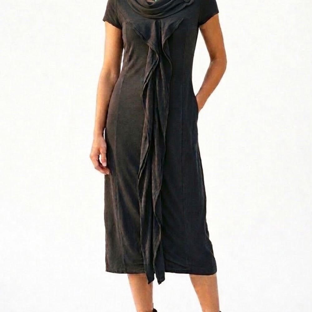 Runholtz Black Label Avant-Garde Ruffle Midi Dress Cotton Size M LBD Lagenlook